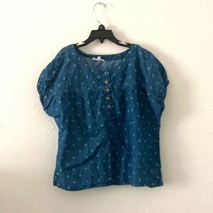 Copper Key Top Girls Puff Sleeve Solid Blue Jeans Shirt